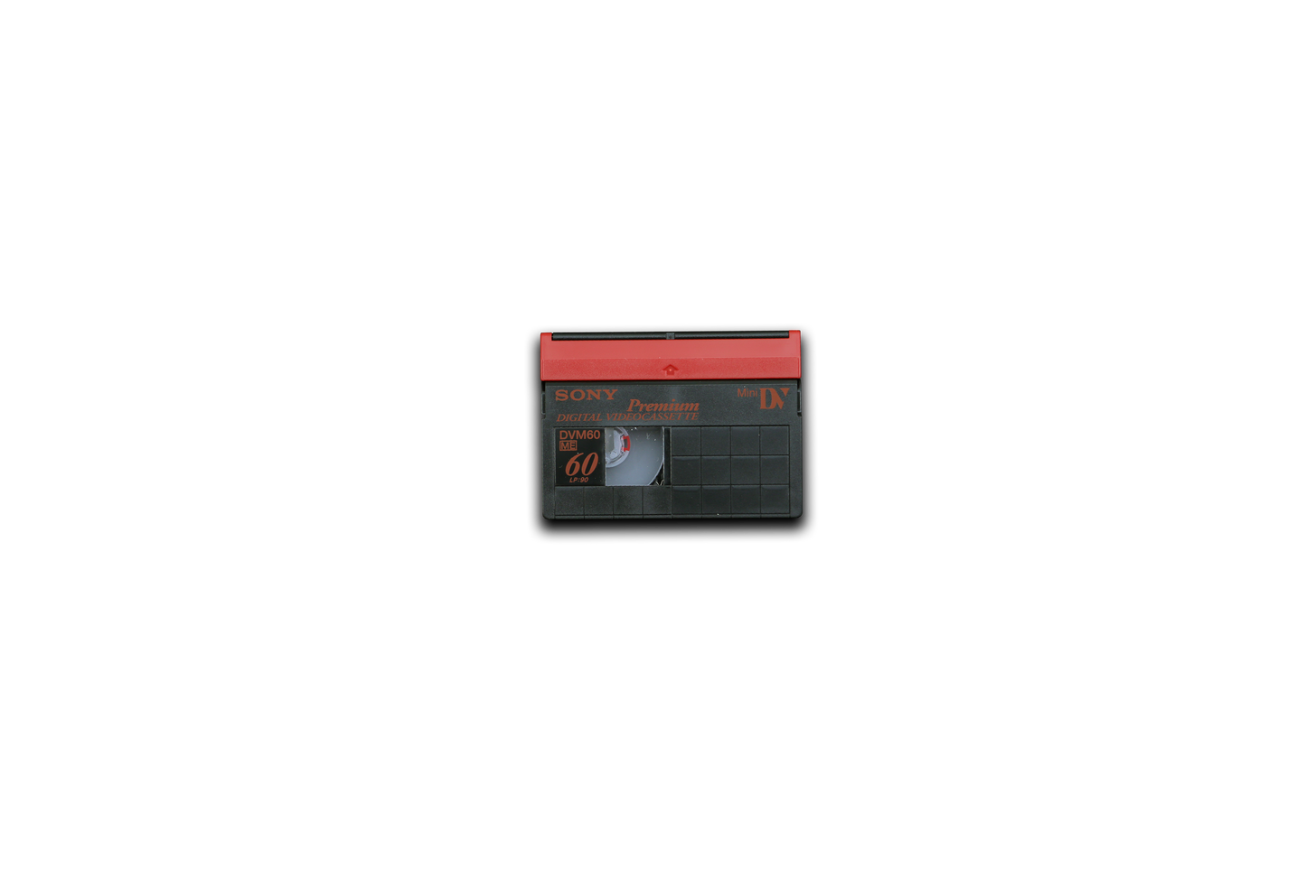 VHS tape with a red top on a white background