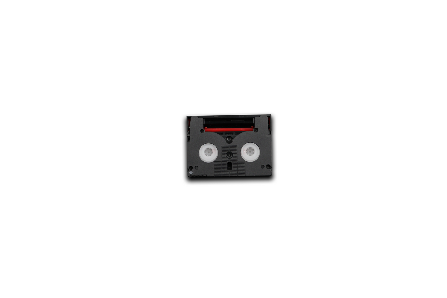 Black audio cassette tape on a white background