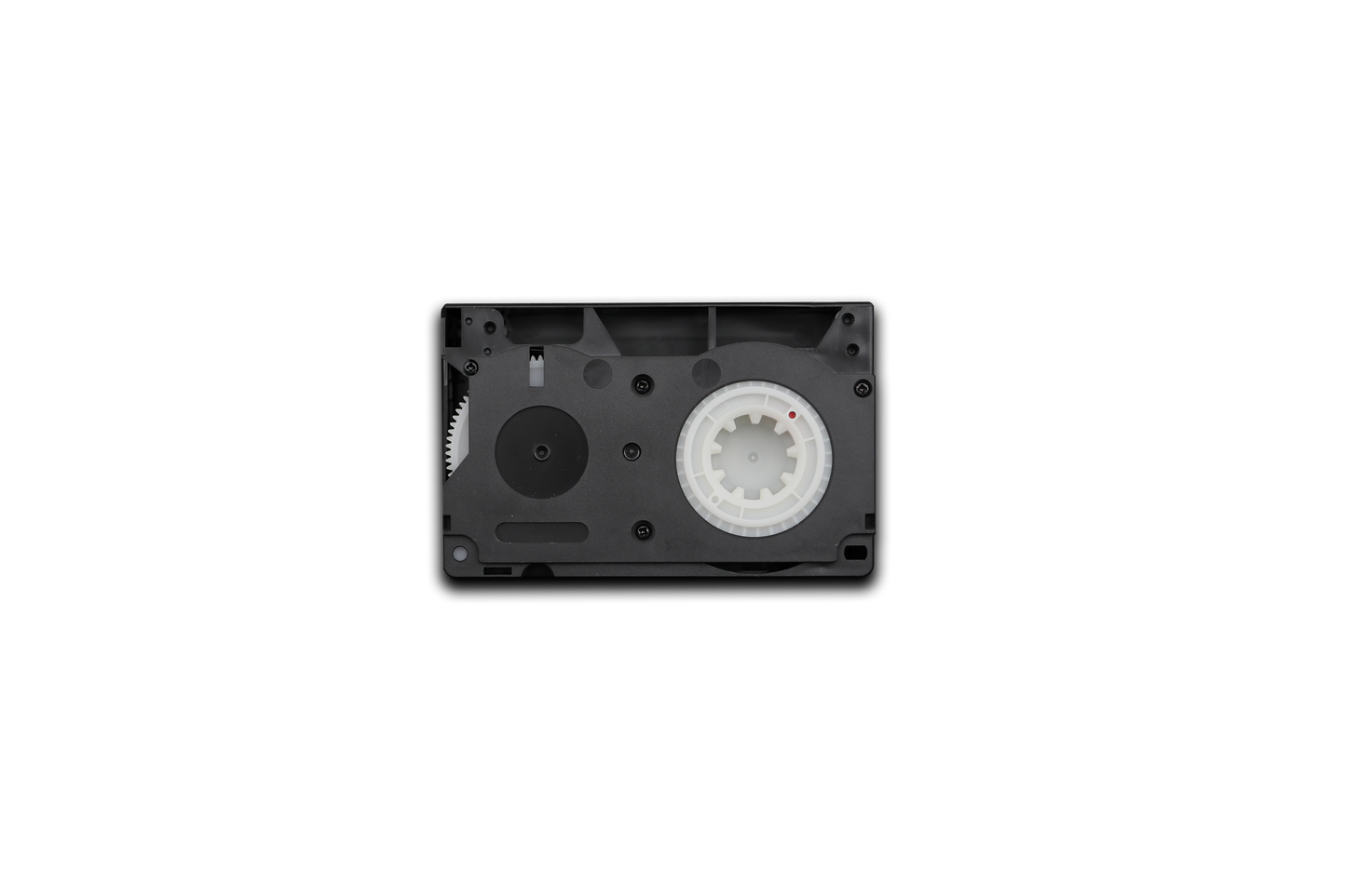 Black audio cassette tape on a white background