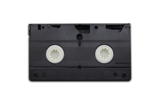 Black audio cassette tape on a white background