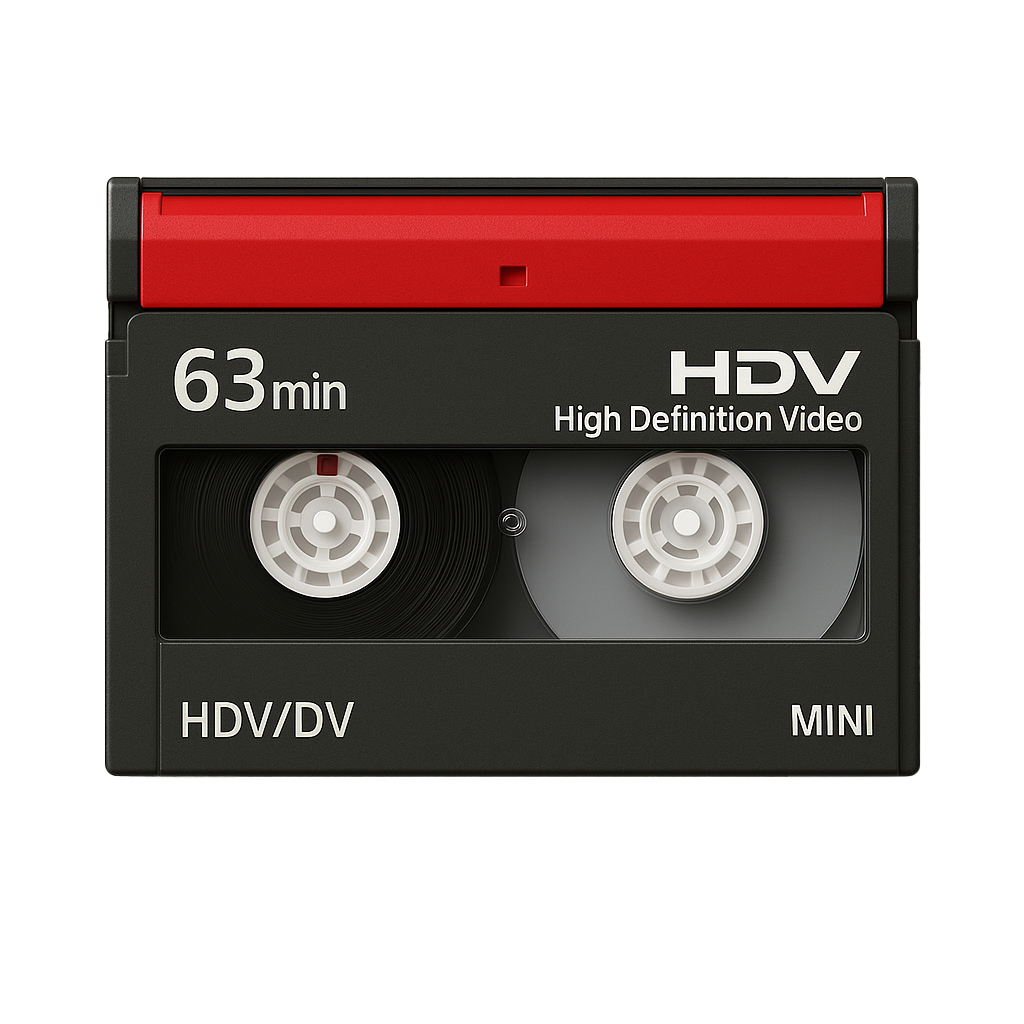 HDV High Definition Video cassette tape with red top on a white background