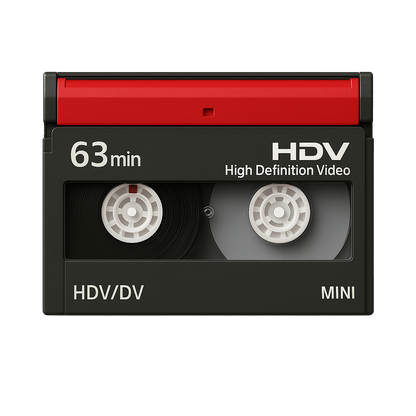 HDV High Definition Video cassette tape with red top on a white background