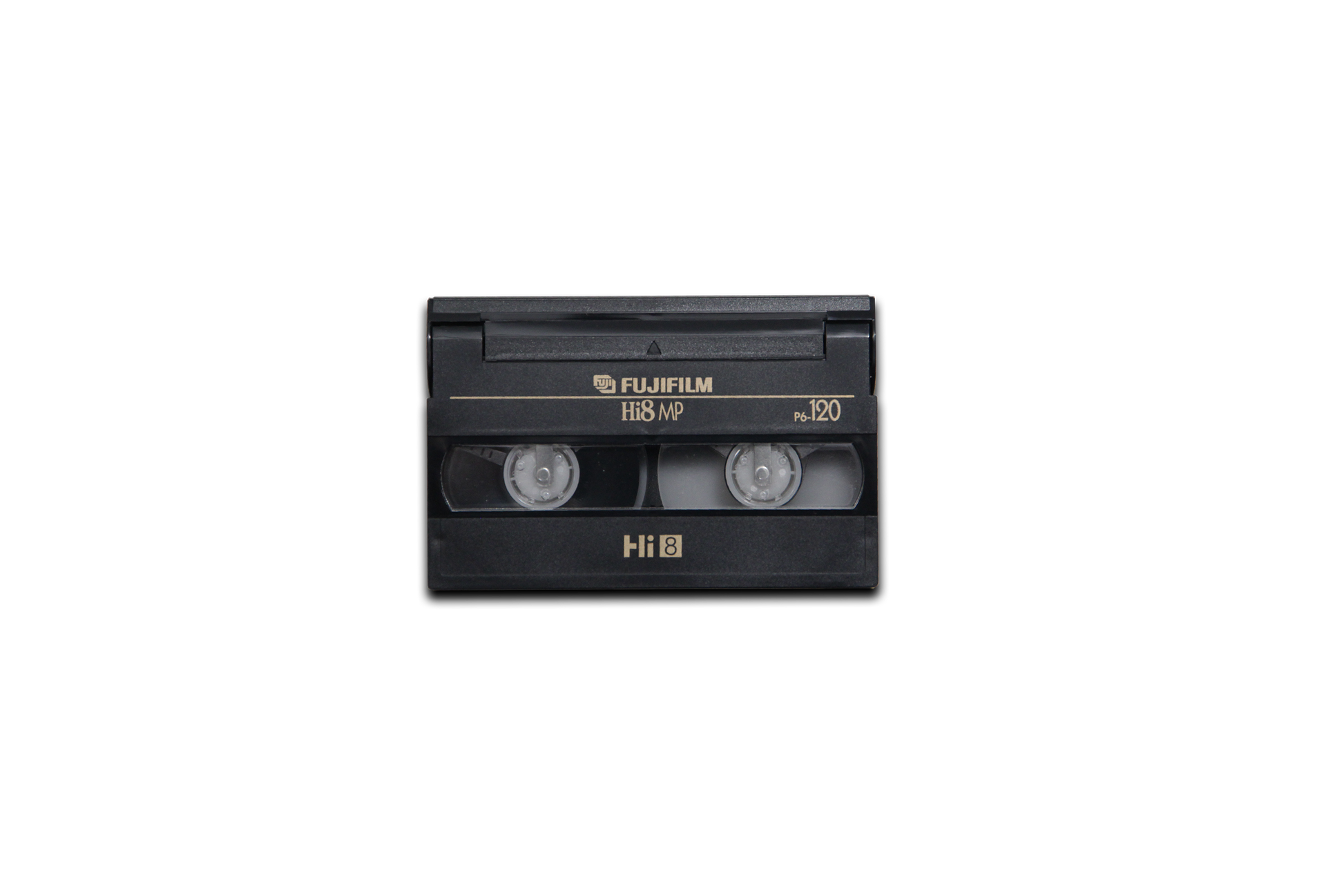 Black Fujifilm cassette tape on a white background