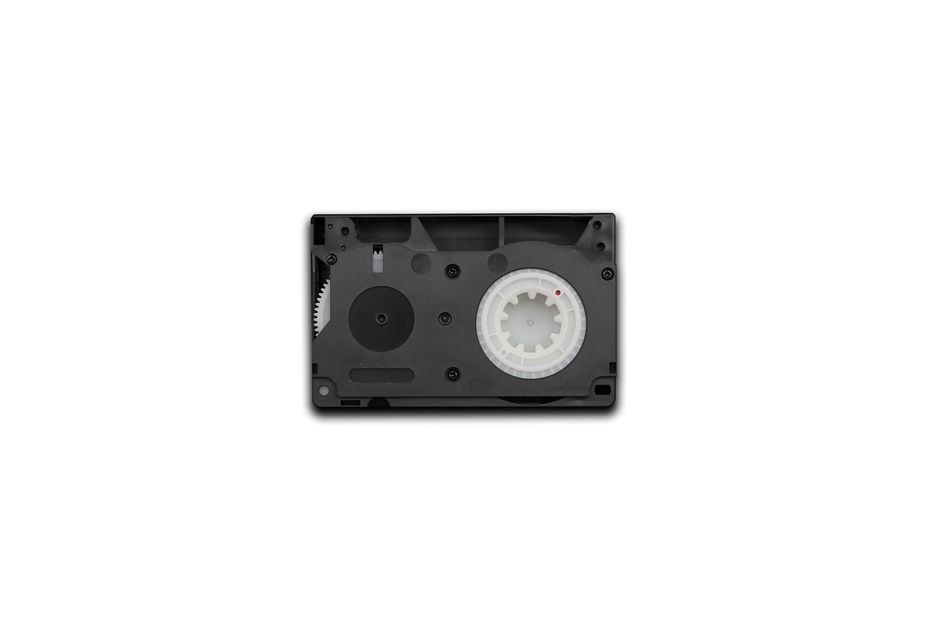 Black audio cassette tape on a white background