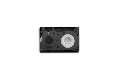 Black audio cassette tape on a white background