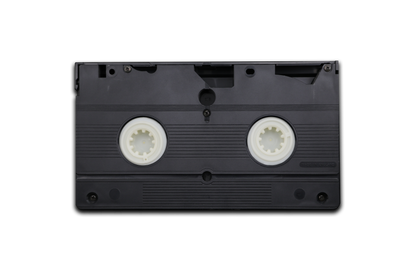 Black audio cassette tape on a white background